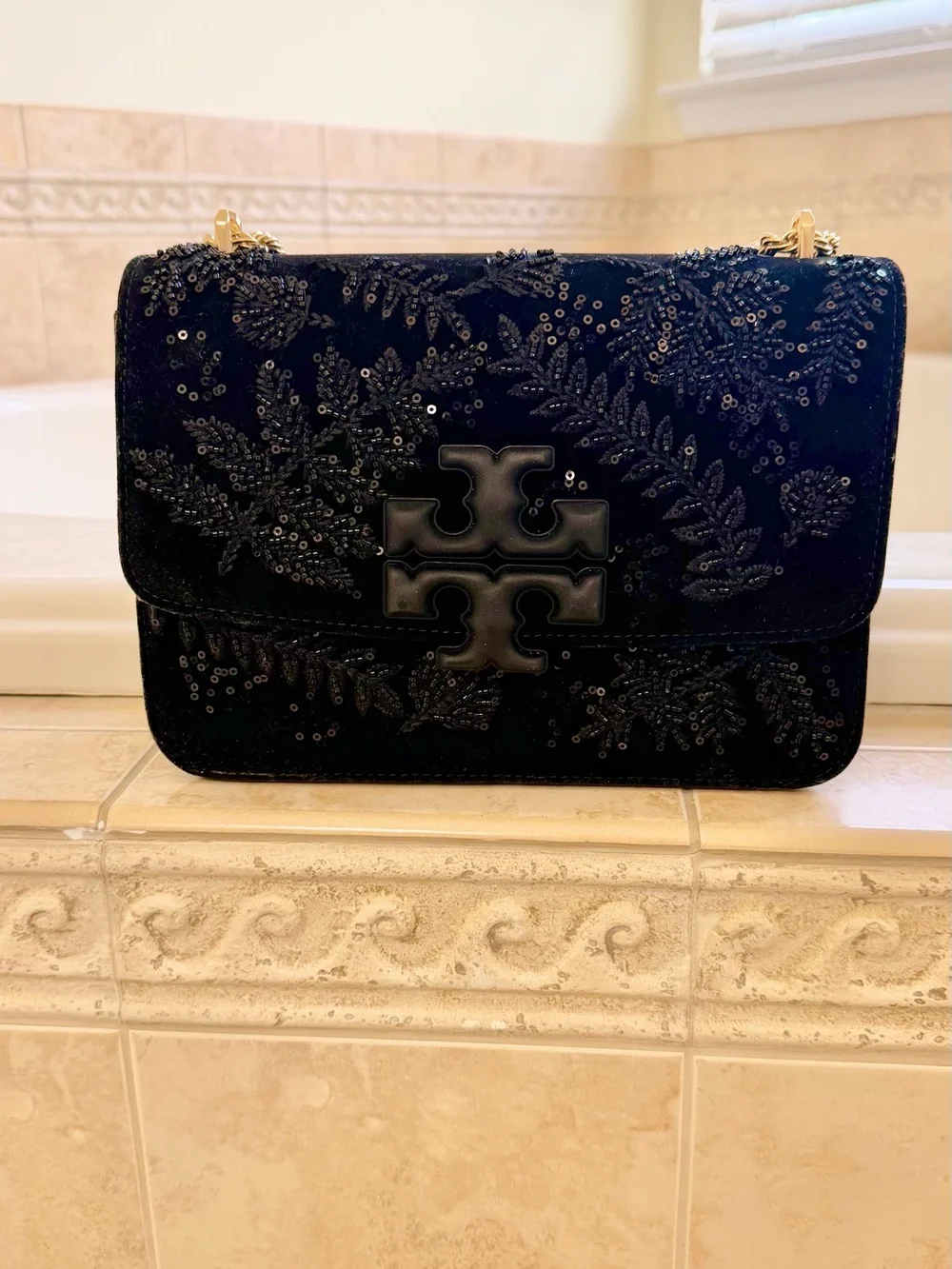 Tory Burch Black Beaded Velvet Shoulder Bag with Gold Chain